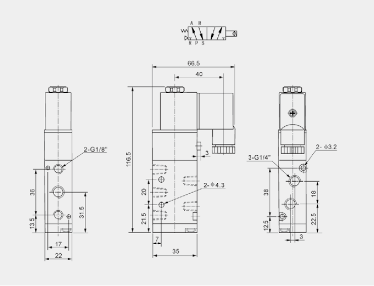 4V200系列二位五通單電控電磁閥結構尺寸圖